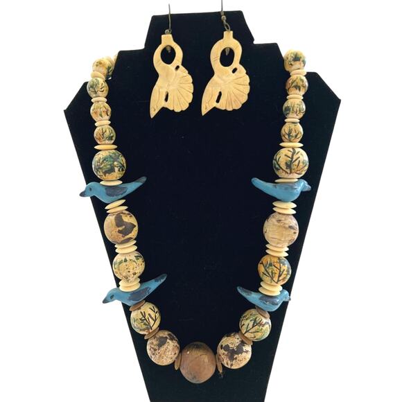 Chunky Ethnic Wood Blue Bird Fetish Bead Necklace Turquoise & Brown​ & Earrings - Picture 2 of 4